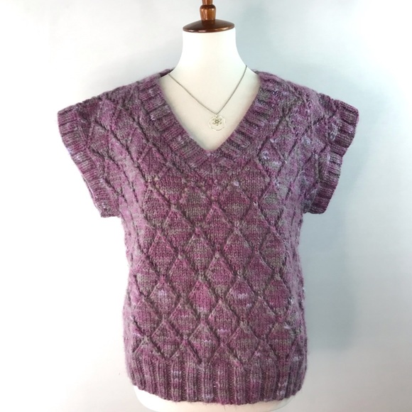 Hand Crafted Sweaters - Hand Crafted Mauve Grey Marled Hand Knit Short Sleeve V-Neck Sweater NWOT
